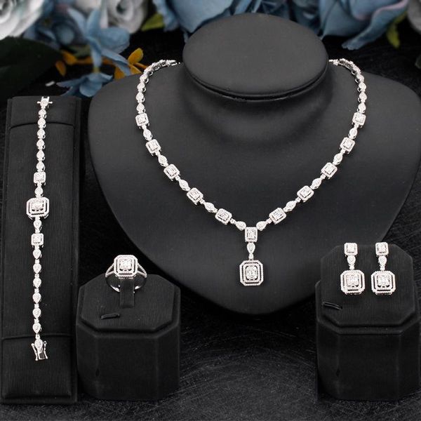 

earrings & necklace 4pcs bridal zirconia full jewelry sets for women party, luxury dubai nigeria cz crystal wedding, Silver