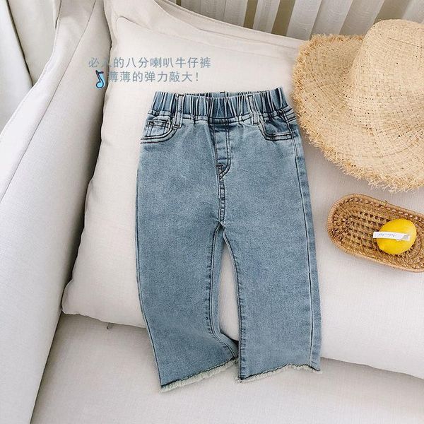 

girls 2021 summer thin slim-fit jeans soft flared kids pants p4356, Blue