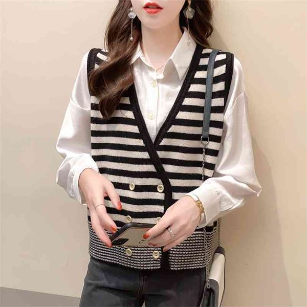 

women sweater vest stripped knitted female sleeveless loose cardigans waistcoat 210524, Black;white