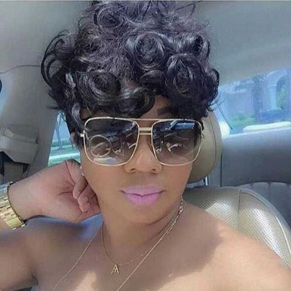 

wig women's hair wavy short curl head set black wig woman