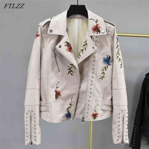 

autumn floral print embroidery rivet faux soft leather jacket coat turn-down collar pu motorcycle black punk outerwea 210430, Tan;black