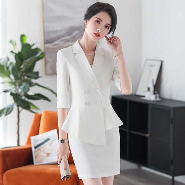 

professional women's pants suit set spring and summer casual ladies white blazer slim skirt two-piece 210527