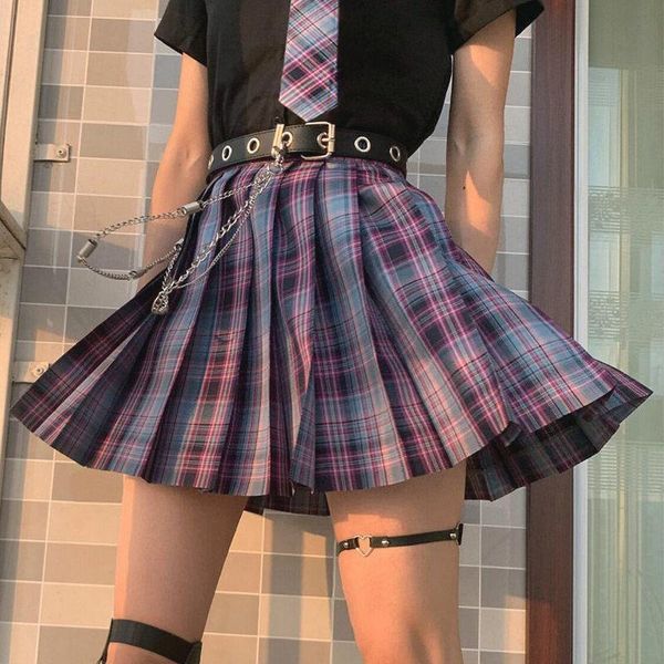 

y2k gothic harajuku purple pleated womens skirts plaid summer high waist cute mini a line kawaii, Black