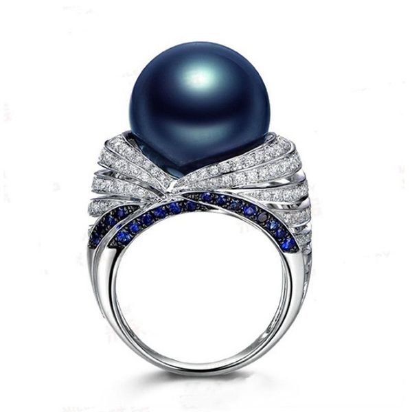 

wedding rings sterling silver for women natural freshwater blue colors big pearl jewelry fashion zircon ring, Slivery;golden
