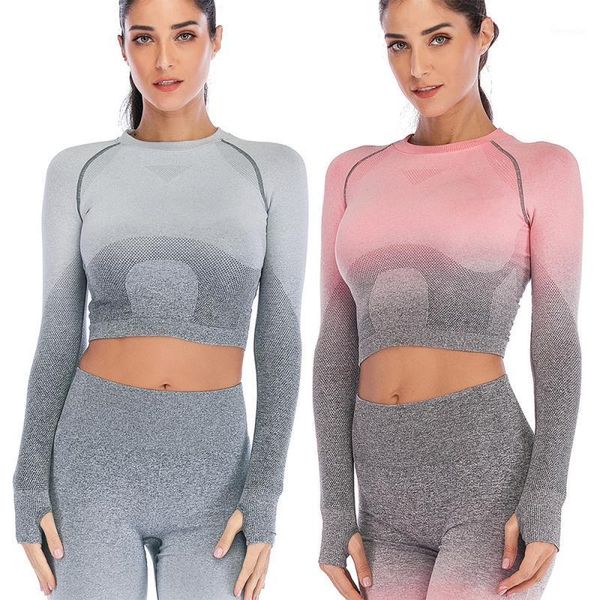 

seamless long sleeve crop yoga shirts with thumb hole running fitness workout women's pink gradient1, White;red