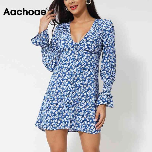 

vintage floral print button flare long sleeve elegant a line lady v neck party mini dress femme robe 210413, Black;gray