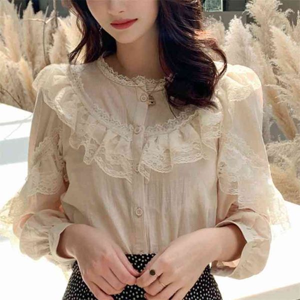 

spring cotton linen lace blouse women button solid stand collar ladies stitching sweet shirt blusas feminine 210421, White