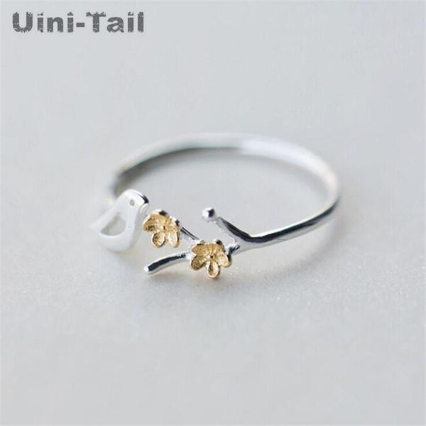 

cluster rings uini-tail 925 sterling silver forest sweet golden flowers leaves cute birds open ring fashion tide flow gn311, Golden;silver