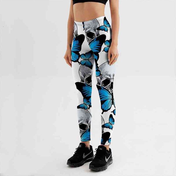 

qickitout leggings fitness womens leggings blue flirtatious butterfly skull stretch digital print pencil pants trousers, Black