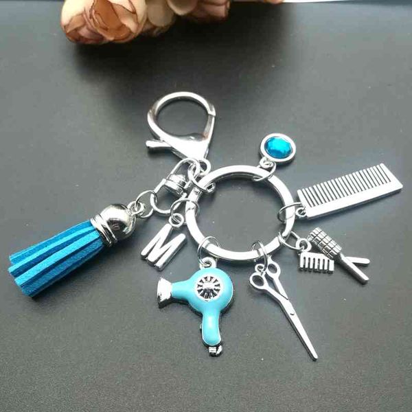 

keychains a-z hairstyle gift charm tassel keychain retro jewelry mini hairdressing scissors hair dryer comb, Silver