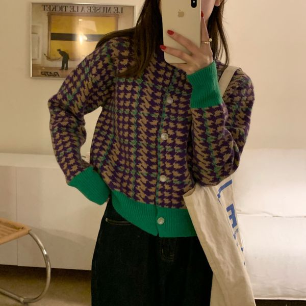

sweaters houndstooth women streetwear high waist stylish feminine vintage chic color-hit elegance sweet sweaters, White;black