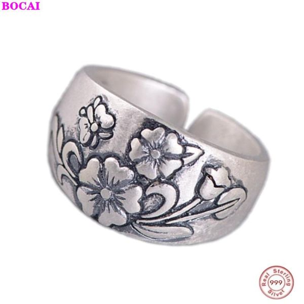 

cluster rings bocai s990 sterling silver for women retro women's 2021 fashion thai matte craft peony flower ring, Golden;silver