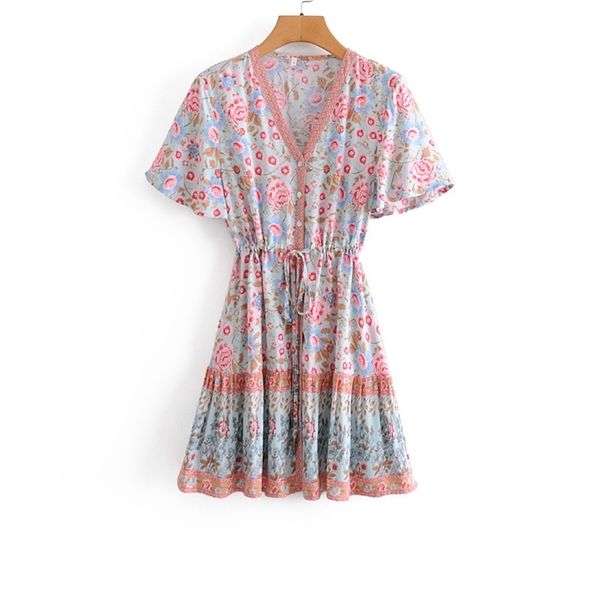 

vintage women dress summer elastic waist v-neck floral printing shirring casual women knee-length dress 210524, Black;gray