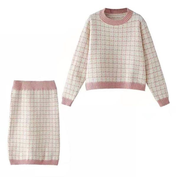 Nero Bianco Rosa Verde Plaid Girocollo Maglione Lavorato a maglia Gonna longuette a righe Set Donna 2 Due pezzi Elegante T0280 210514