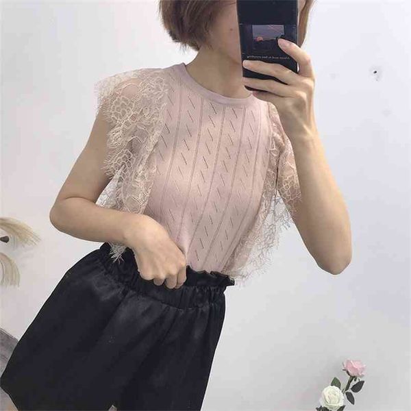 

spring arrival hollowed lace decorated ice silky sleeveless knitted vest fashion women summer 210527, White