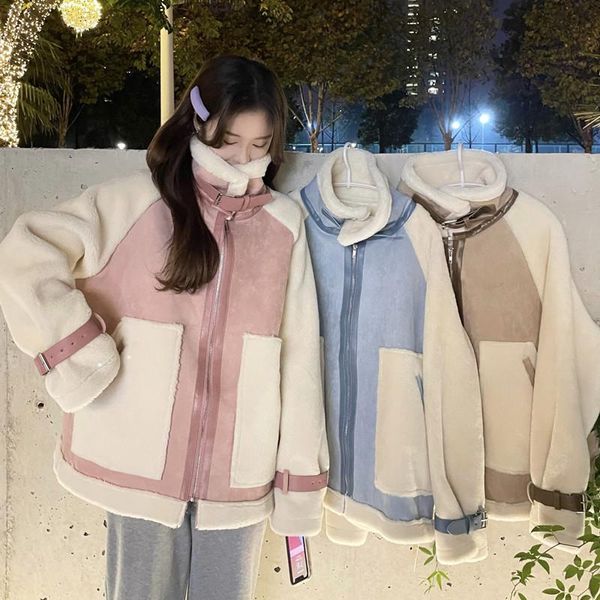 

women's leather & faux korean fashion hit the color jacket pocket winter sheepskin coat lamb motorcycle loose streetwear, Black