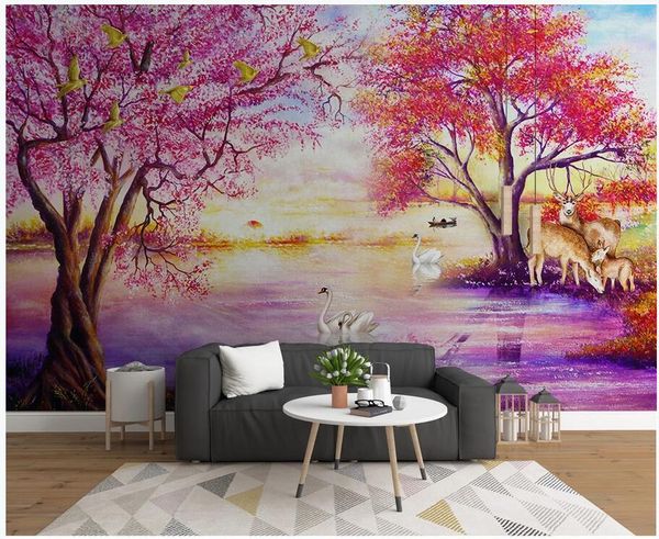 

custom po 3d room wallpaper european oil painting forest big tree elk swan lake wall murals for walls 3 d wallpapers