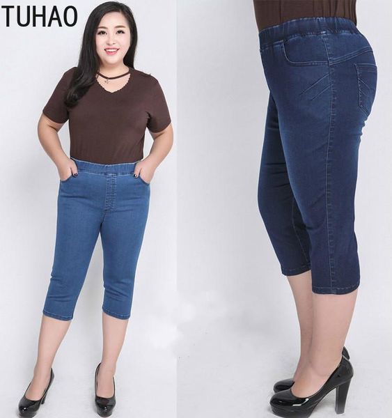 

women's jeans tuhao 2021 summer plus size 9xl 8xl 7xl 6xl stretch cropped high waisted mom woman large wm25, Blue