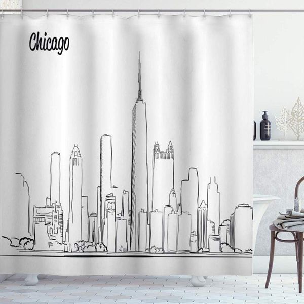 

183 shower curtain set with 12 hooks,chicago skyline hand drawn city silhouette downtown hand sketch of panoramic
