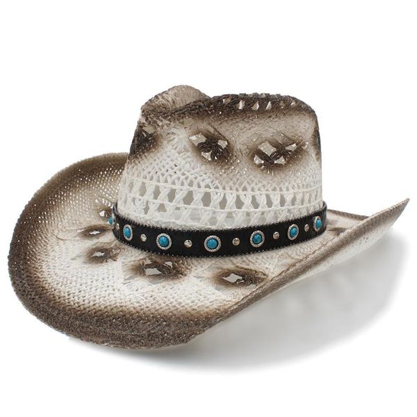 

stingy brim hats 2021 women men western sun hat with punk band handmade weave sombrero cowboy size 58cm a0109 drop, Blue;gray