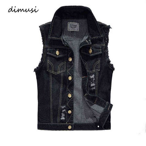 Dimusi New Spring Outono Design Vintage Vest Vest Denim Vest Black Black Black Jaquetas Homens Hole Calças de Jeans Marca Locesa 6xl, YA566 Y1122