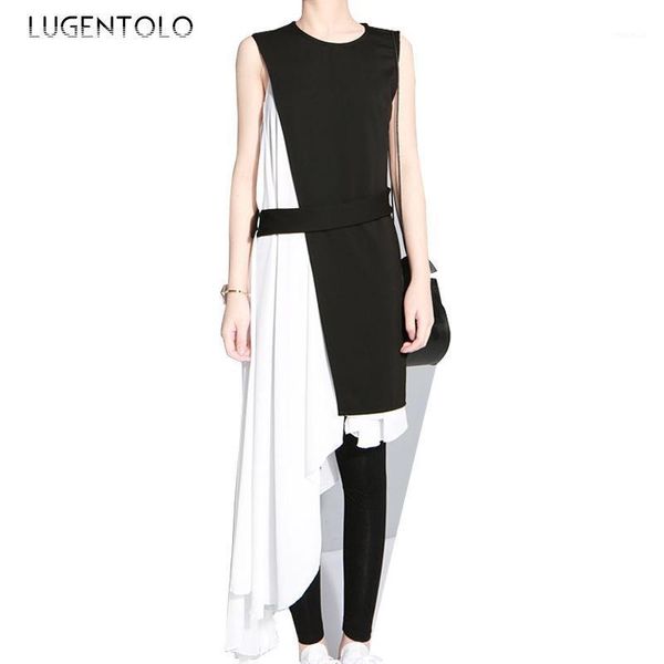 

dress women 2 piece irregular personality stitching solid sleeveless tank o-neck chiffon casual fashion womens dresses lugentolo, Black;gray