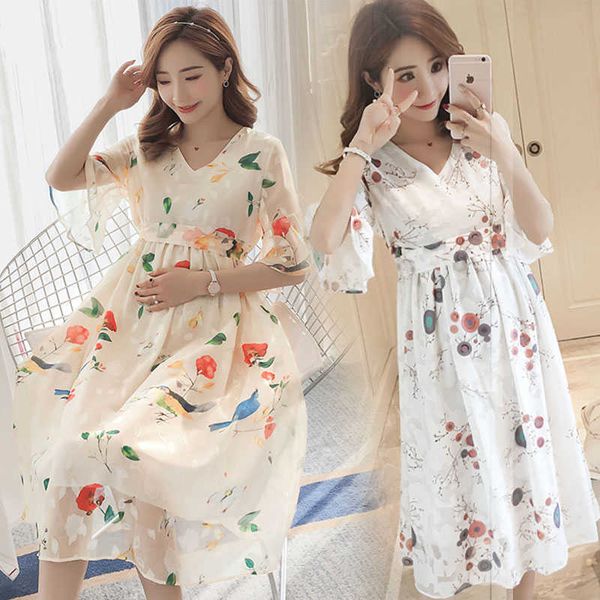 Летняя корейская мода печати материнство Длинное вечеринка платье вытягивает высокую талию тонкую грудное вскармливание одежда шифон кормление грудью x0902