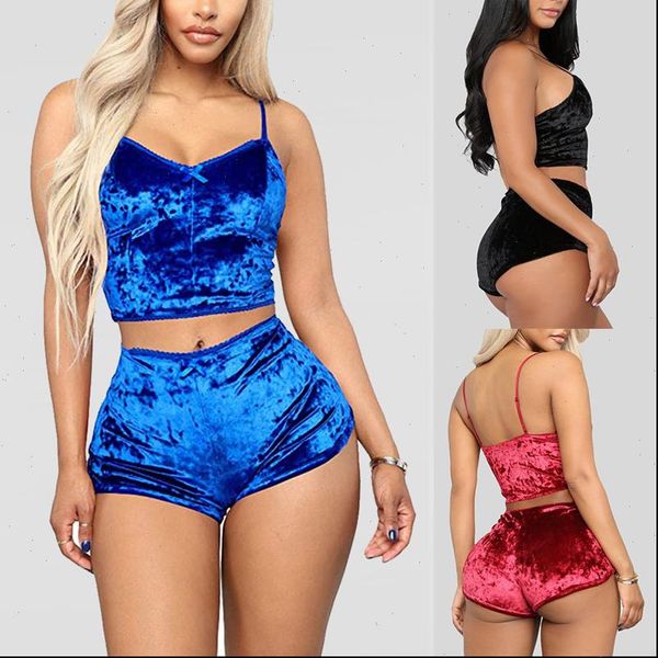 

2 pieces pyjamas solid soft women sleepwear nightwear suit velvet lingerie set pleated sets strap loose shorts, Black;red