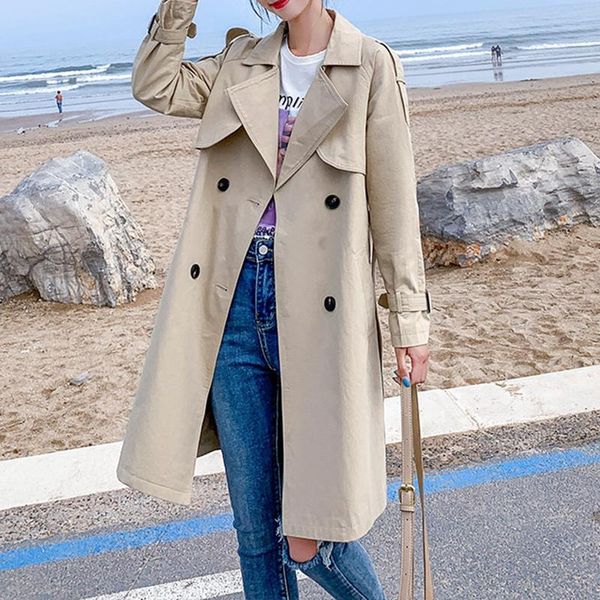 

women's trench coats women casual long coat with sashes double breasted windbreaker chic office ladies outerwear clothes, Tan;black