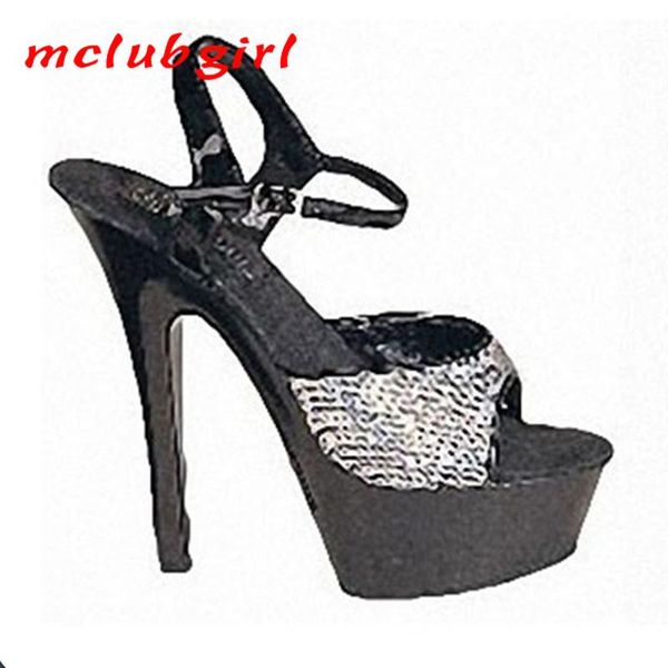 

mclubgirl 15cm heels pure color buckle patent leather super high thin heel crystal glitter sequin fish mouth sandal lyp sandals, Black