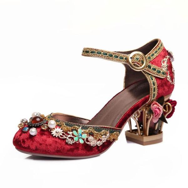 

summer rhinestone crystal wedding shoes women wine red flower decor heel pearl pumps lady handmade metal single dress, Black