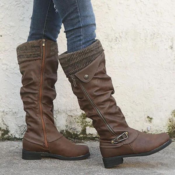 

boots womens western winter solid round toe low heel snow warm women stitching comfy leather zipper knee high, Black