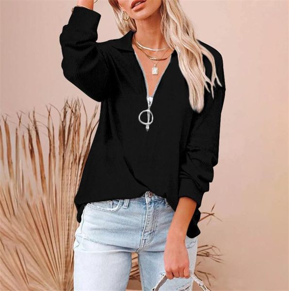 

women's t-shirt turn-down collar fashion shirts t-shirts women autumn long sleeve ribbed cotton zippers solid lady casual pullover, White