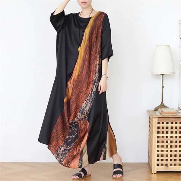 

johnature women chiffon irregular dresses patchwork color o-neck seven sleeve summer a-line female casual dresses 210521, Black;gray