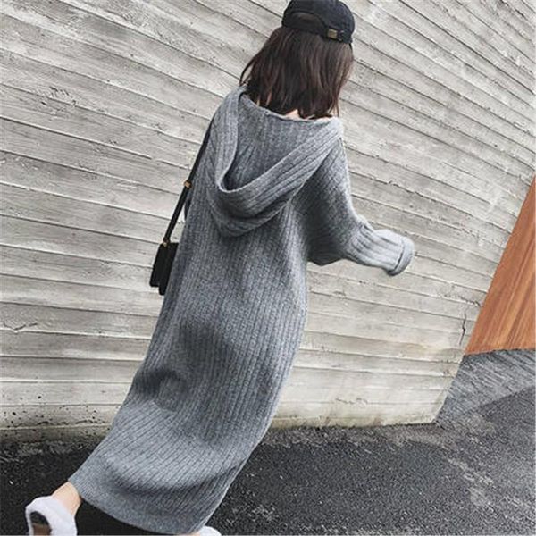 

casual dresses yamdi women sweater dress chic female spring autumn winter woman knitted thick long hooded solid, Black;gray