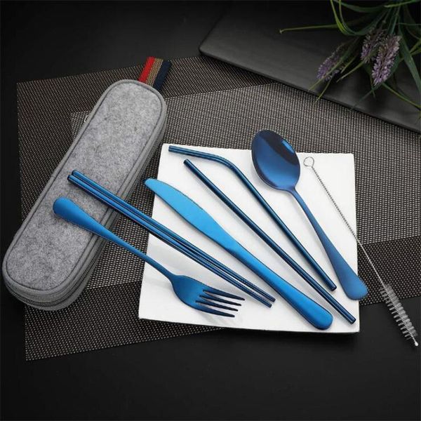 

dinnerware sets 8 pcs/set portable stainless steel flatware set utensil travel camping cutlery with case