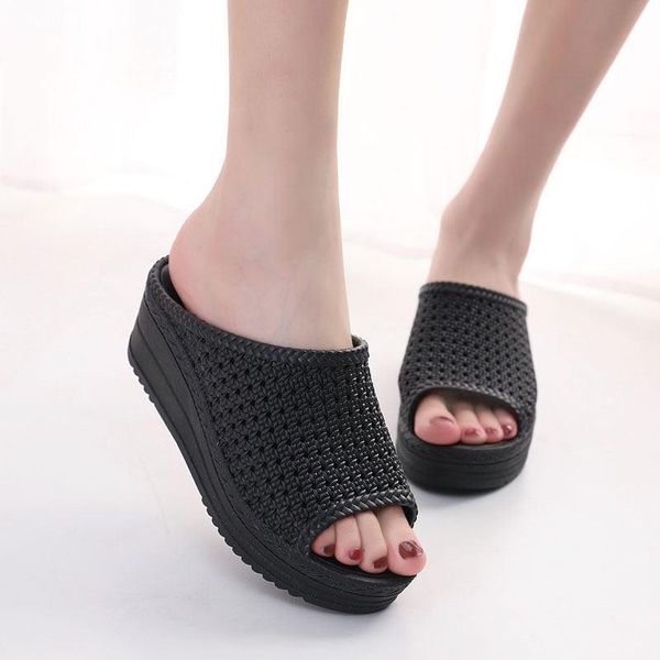 

slippers women's platform wedge shoes summer fashion casual flip flops women high heel slip on sandal thick bottom slipper, Black