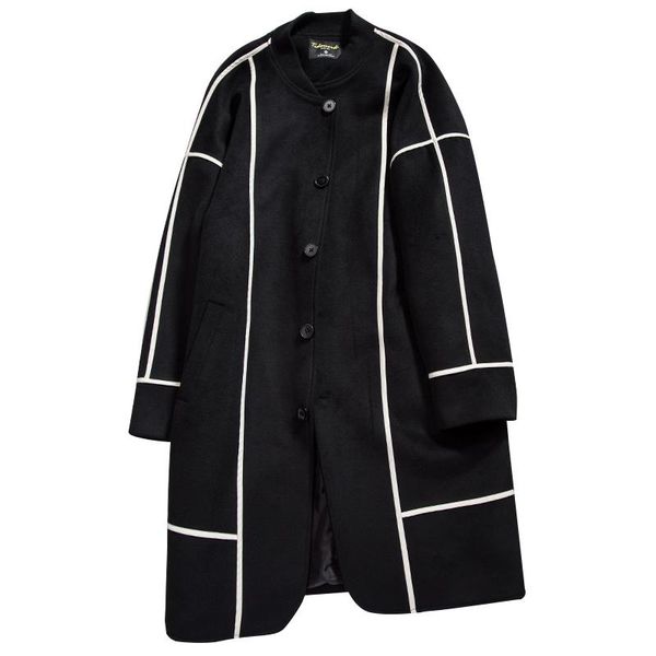 

men's wool & blends loose fit plus size  - 6xl outerwear man color block baseball collar coat male long design button woolen trench, Black