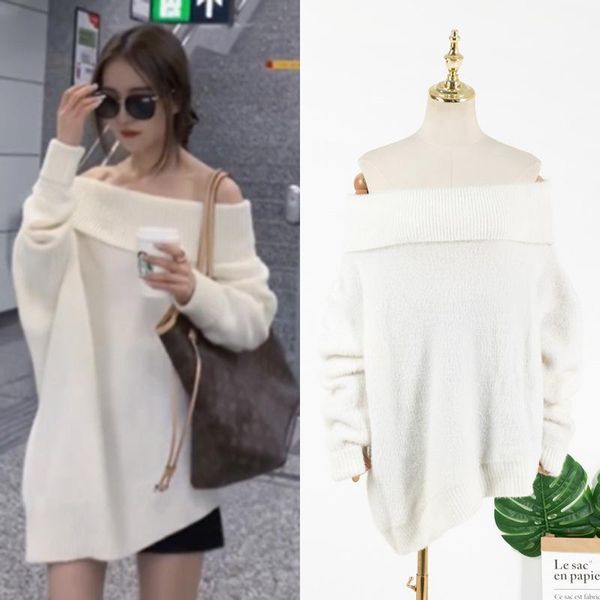 

women's sweaters kpop korean celebrity fashion women strapless irregular sweater autumn loose pullovers temperament mid-length warm, White;black