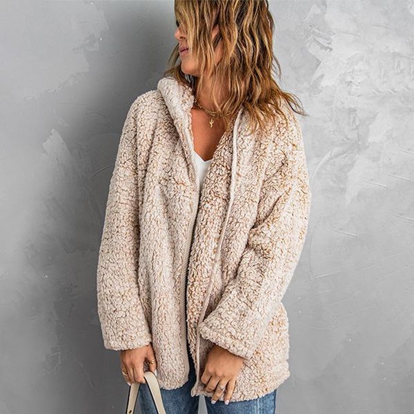 

women's jackets women winter hooded cardigan fuzzy jacket open front fleece coat outwear with pockets thick solid color loose, Black;brown