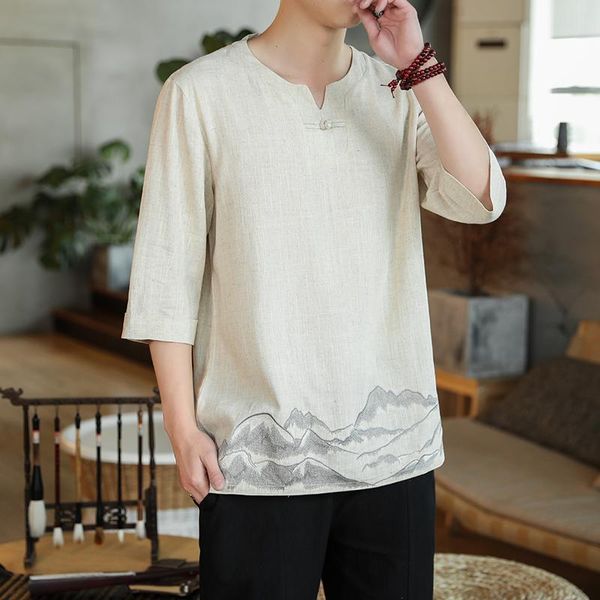 

ethnic clothing summer men's chinese style linen shirt landscape embroidery refreshing short-sleeve t-shirt traditional for men, Red