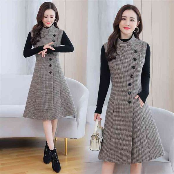

sweater+woolen dress winter warm vintage two-piece suit autumn women wool midi dresses sweater party bodycon plaid vestidos 210528, Black;gray