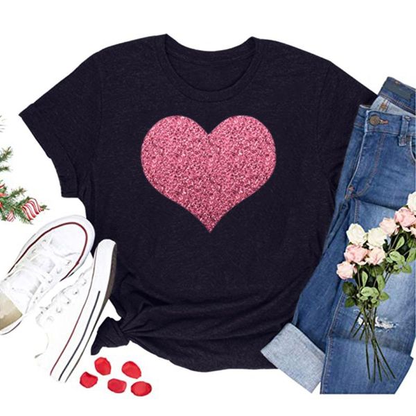

women's t-shirt glittery heart graphic tees 2021 summer women short sleeve print casual ladies streetwear oversized s-4xl a40, White