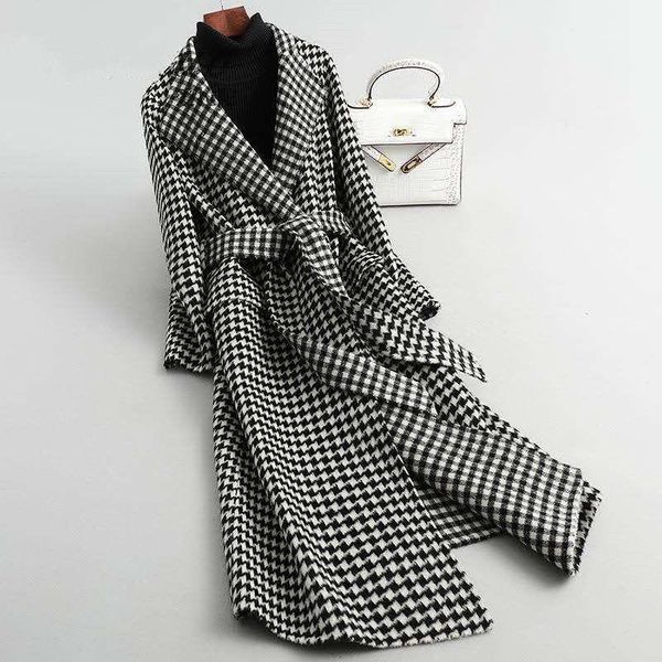 

women's wool & blends 2021 winter style korean thick woolen coat houndstooth female mid-length, Black