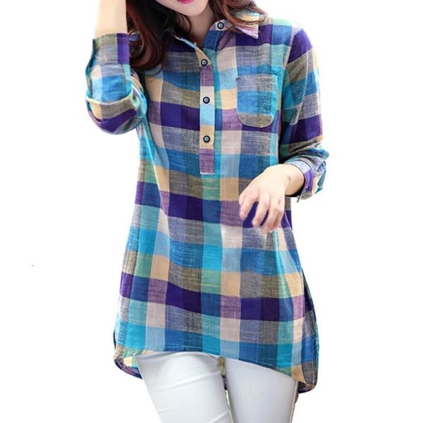 

women autumn fashion plaid shirt ladies casual long sleeve button loose blouse womens and blouses blusas mujer, White