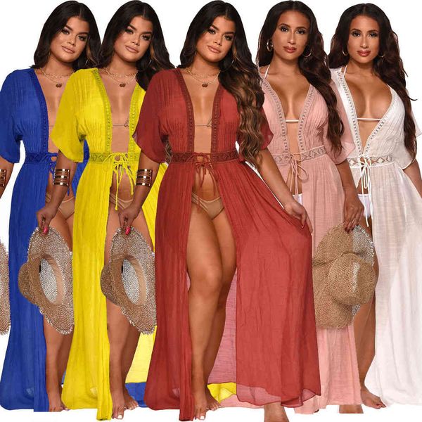 

women summer beach mesh see though lace up high wasit long blouse dress, Black;gray