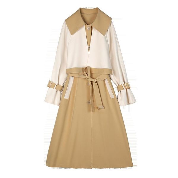 

fashion khaki windbreaker women's mid-length 2021 spring autumn temperament over the knee trench coats 204a, Tan;black