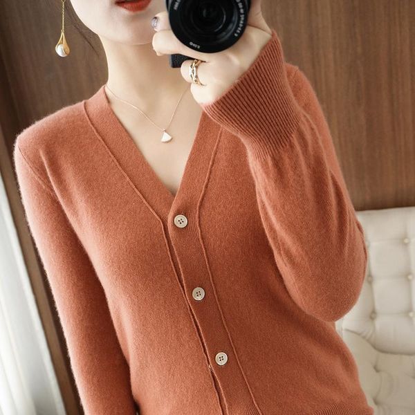 

women's knits & tees autumn 100% wool cardigan knitted sweater long sleeve v-neck cashmere cardigans casual loose soft plus size female, White