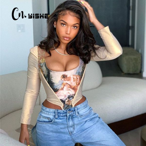 

cnyishe fashion aesthetic print crop for women's t-shirts tees sleeveless corset feminino backless club cropped shirts 210419, White
