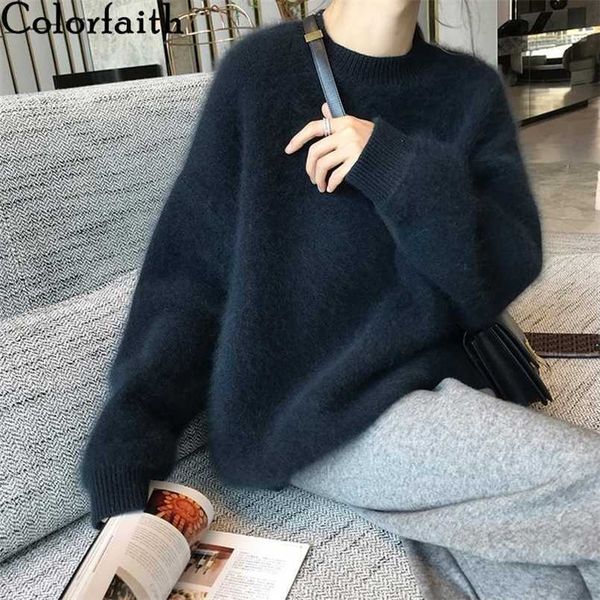 

colorfaith autumn winter women sweater pullovers fake mink cashmere oversize vintage knitwears wild lady sw1207jx 211103, White;black